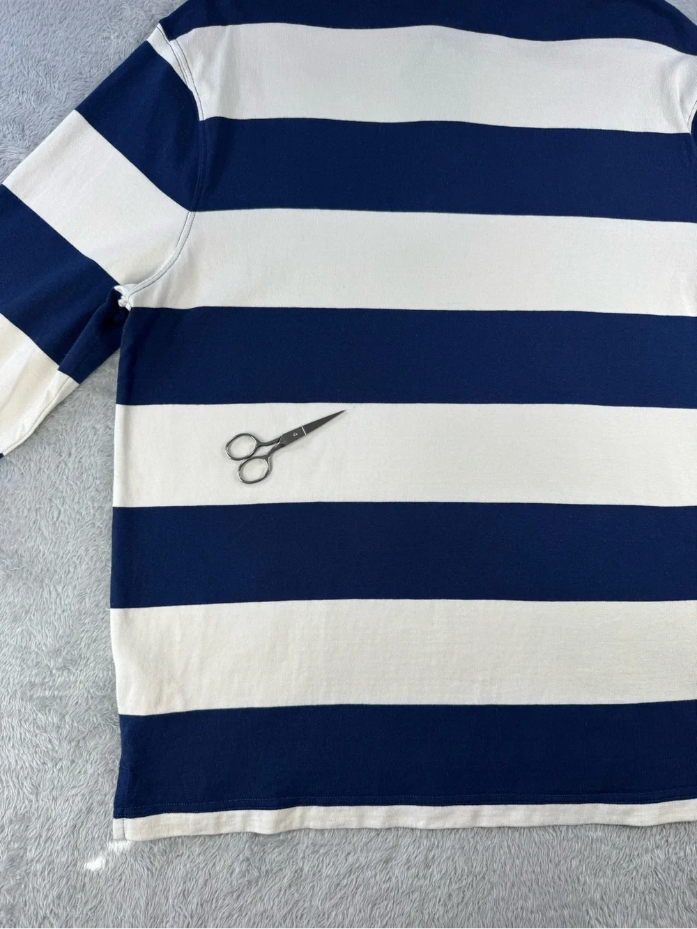 J.Crew Factory Mens L Rugby Shirt Navy Ivory Stripe Chambray Collar Preppy